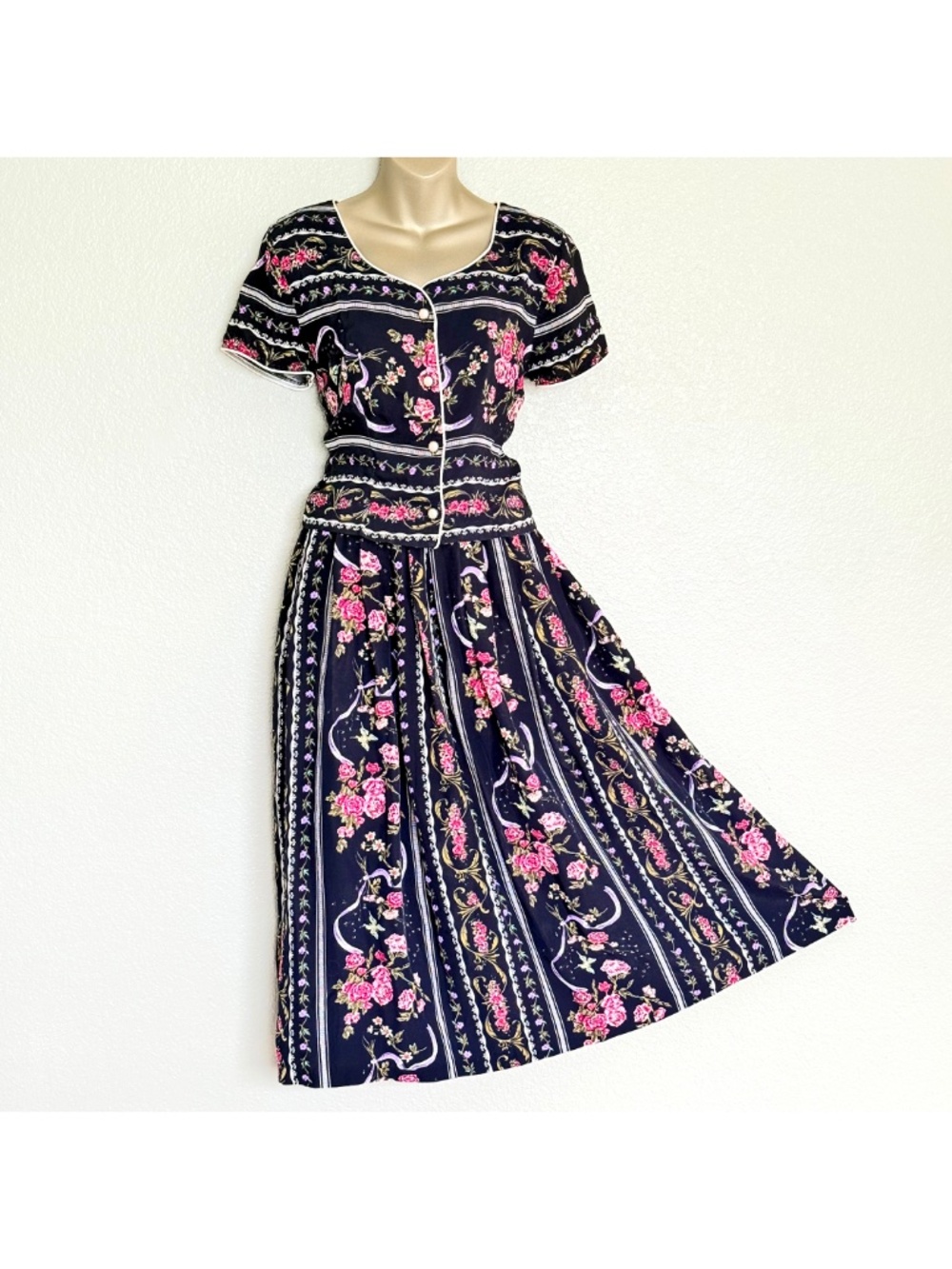 VTG 90s Cottage Prairie Boho Floral Rayon Crop Pleated Midi Skirt Set Sz 6/8 USA